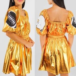 Fantastic Fawn Metallic Gold Sequin Helmet Puff Sleeve Touchdown Mini Dress